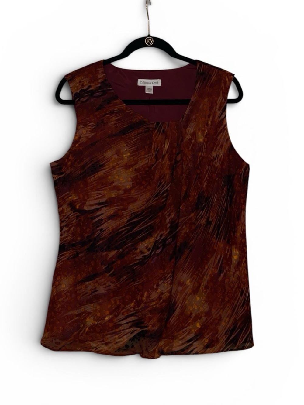COLDWATER CREEK Sleeveless Blouse Flame Inspired Abstract Print Red Brown SZ LG - Picture 3 of 7
